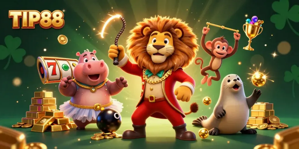 Experience the excitement of TIP88 with our vibrant casino-themed 3D illustration featuring engaging characters and slot reels