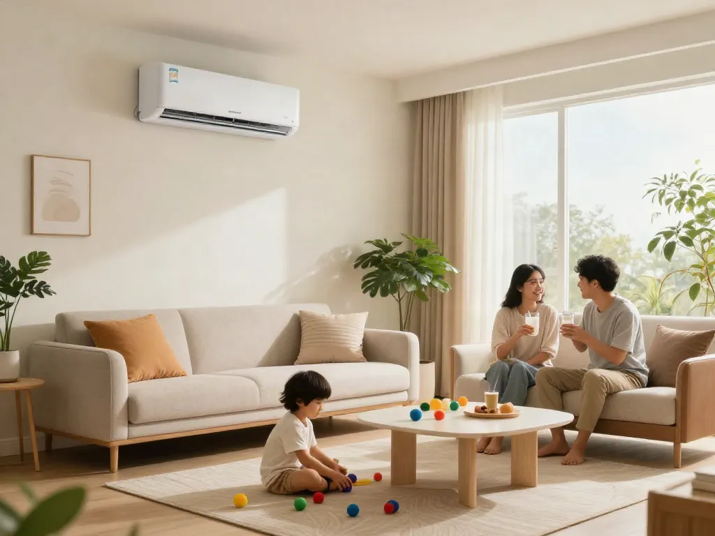 Family enjoying comfort from a mini split AC in a cozy living room.