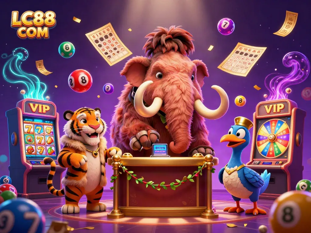 Engage with vibrant casino action featuring LC88 COM, showcasing a lively bouncer and colorful lottery elements.