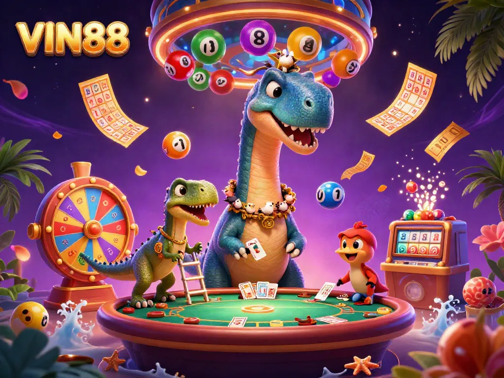 VIN88 promotes thrilling gameplay with a cartoon brontosaurus and clever raptor in a vibrant casino scene.