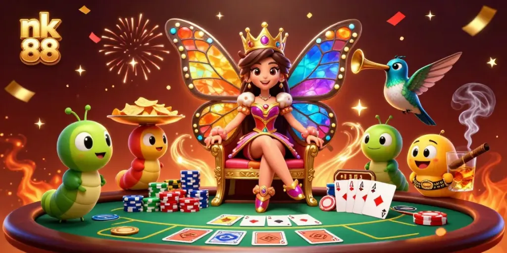 Engage in the vibrant world of nk 88 with colorful casino elements and a charming butterfly queen.