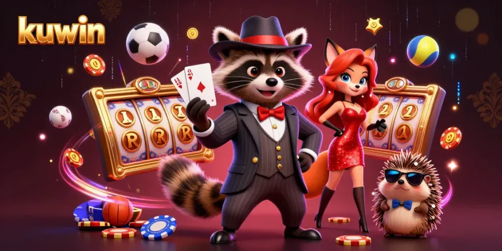 Experience the thrill of kuwin with a royal flush poker hand, dynamic sports elements, and vibrant characters.