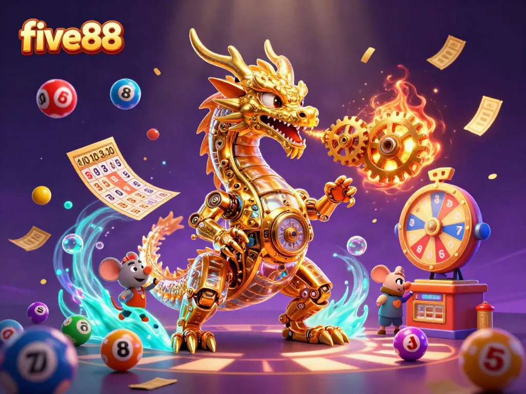 Engage in thrilling gaming action with five88, featuring lively lottery balls and a golden dragon.