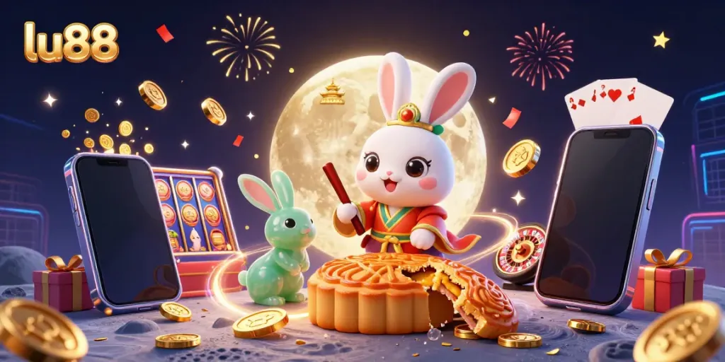 Experience exciting gameplay at lu88 with the moon rabbit uncovering poker chips from mooncakes in a fantasy casino scene.