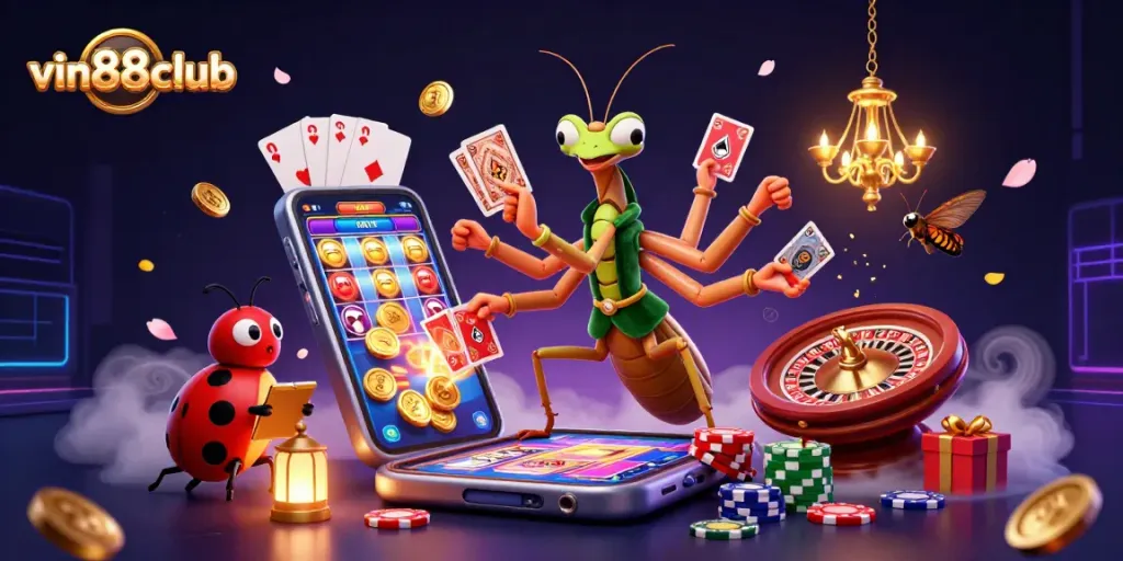 Engage with vin88club's vibrant online gaming scene featuring dynamic characters and casino elements.