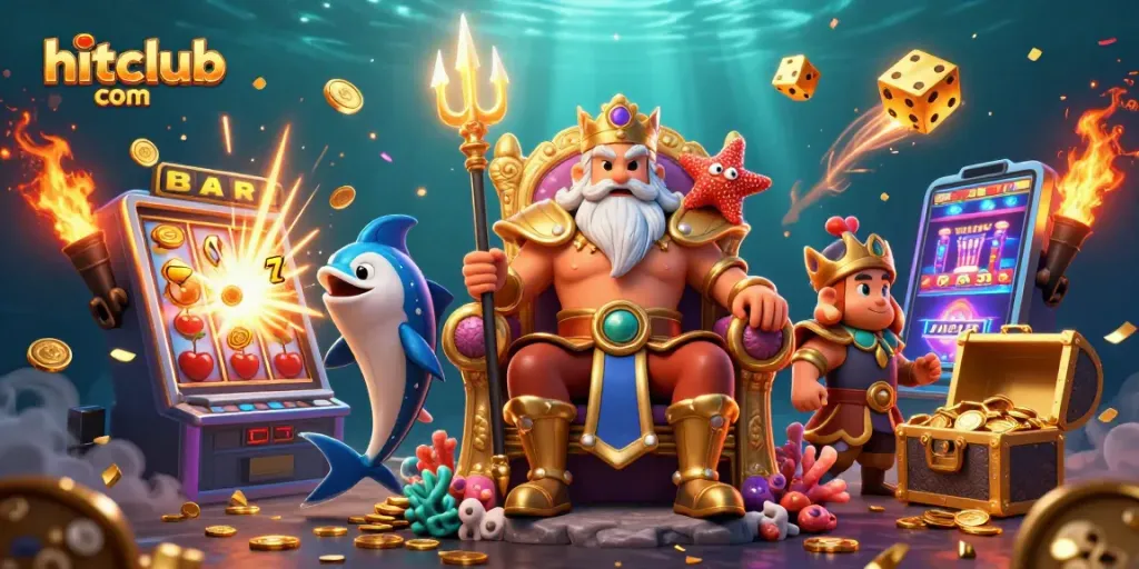 Experience exciting gameplay at hitclub com with Neptune and other characters in a vibrant casino scene.
