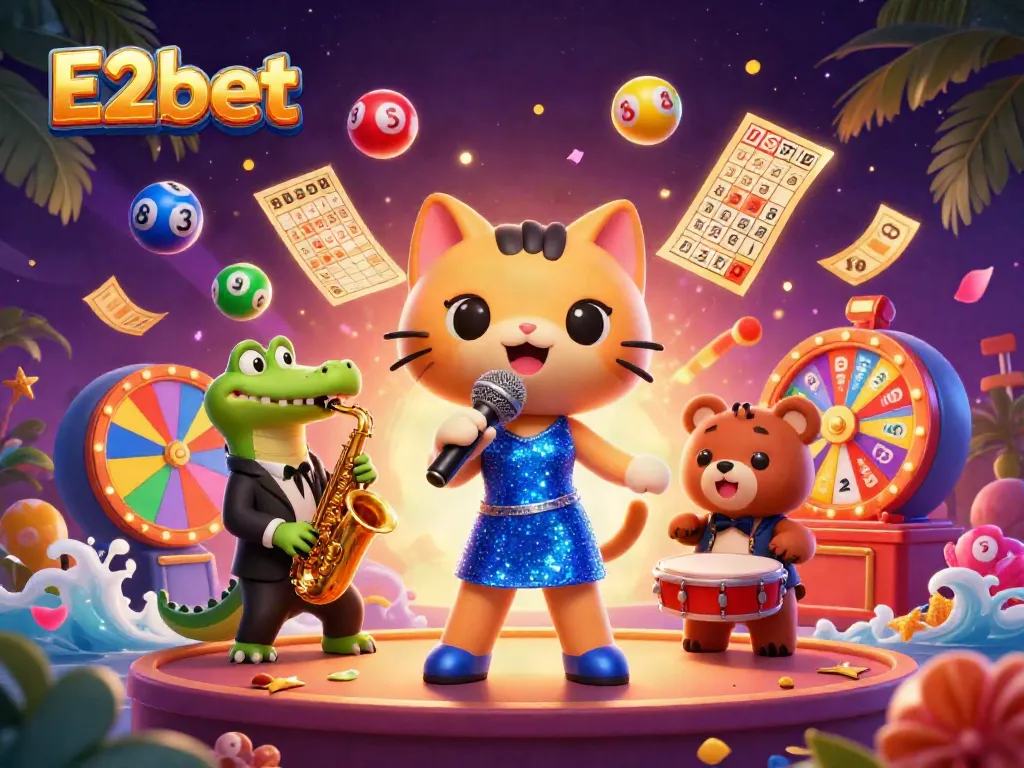 E2bet offers a vibrant casino atmosphere with lively characters, colorful game elements, and energetic ambiance.