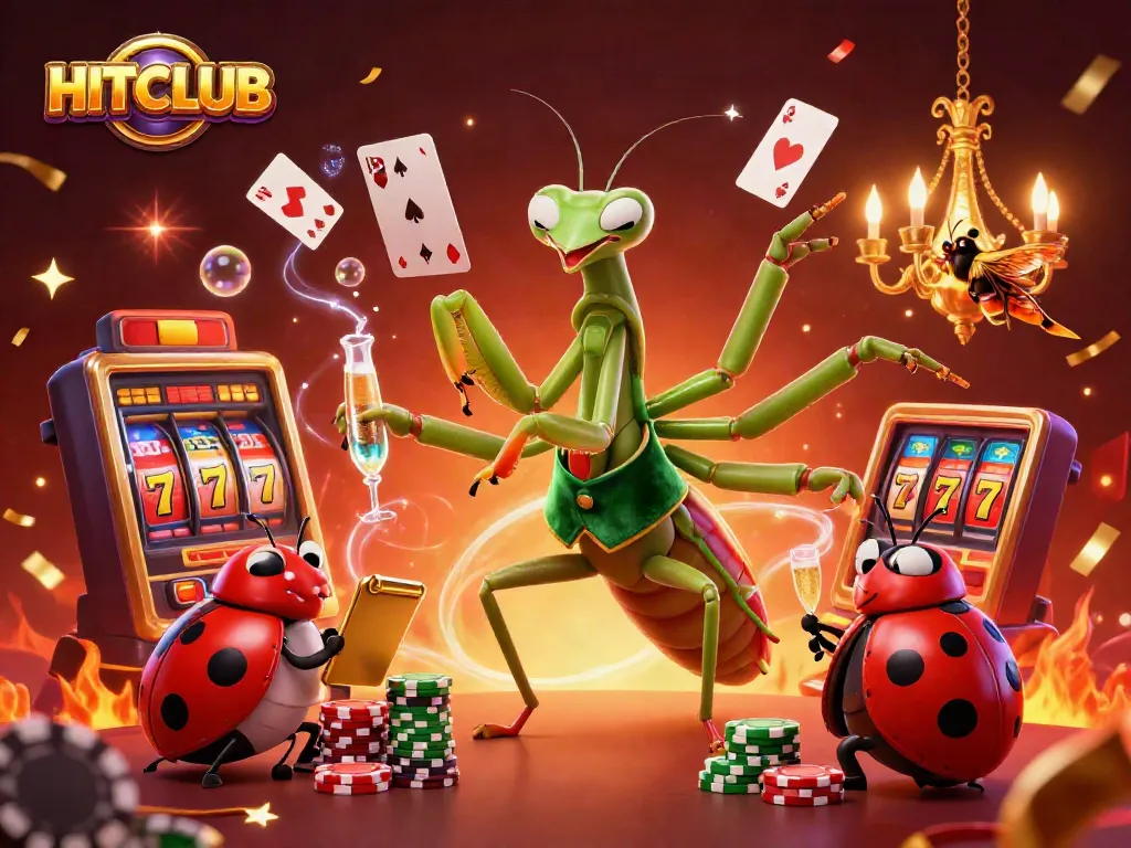 HITCLUB showcases a vibrant casino scene with a giant praying mantis and ladybug characters celebrating amidst slot elements and golden rewards.