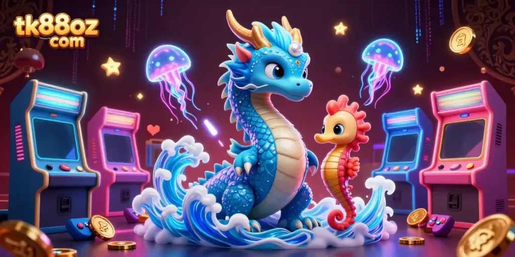 Engage in exciting casino gameplay at tk88oz com, featuring a vibrant 3D dragon and captivating game elements.
