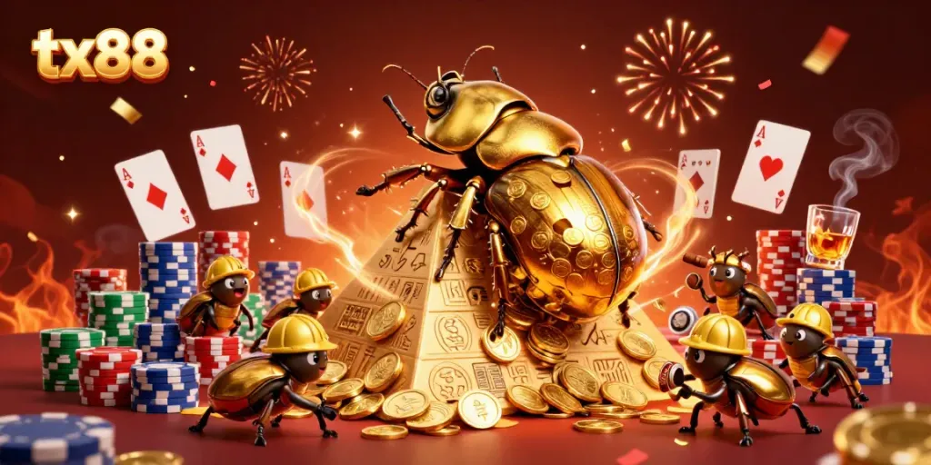 Experience excitement with tx88 as golden beetles celebrate a jackpot in a dazzling casino