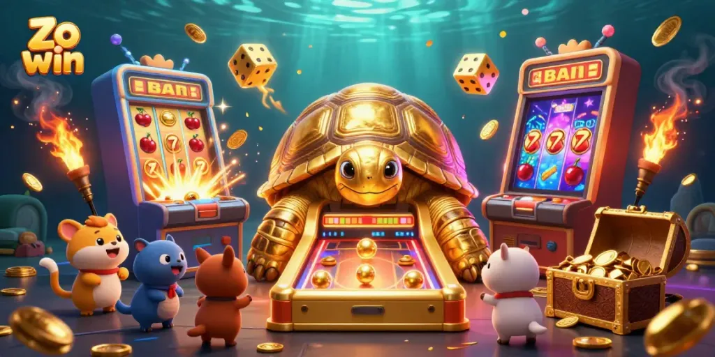 Spin to win big with Zo win in a vibrant gambling scene featuring characters and casino elements.
