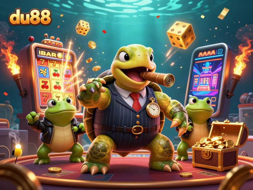 Spin and win with du88 in a vibrant casino scene featuring a turtle mobster and jackpots bursting.