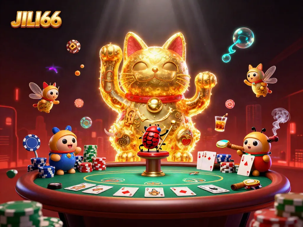 Experience the captivating magic of JILI66 as golden fireflies form a lucky cat amidst thrilling casino elements.