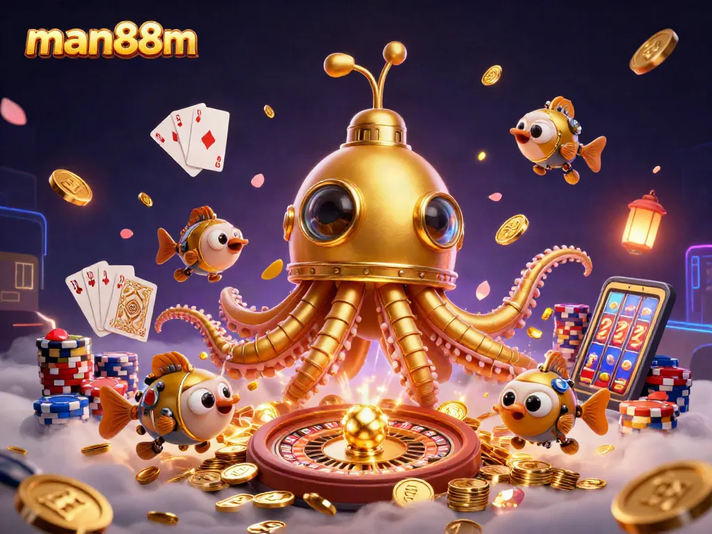 Engage with man88m's vibrant casino world, featuring a kraken submarine and lively game elements.
