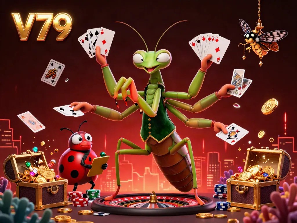 Experience thrilling gameplay with V79's vibrant casino elements, featuring a giant mantis and ladybug pit boss.
