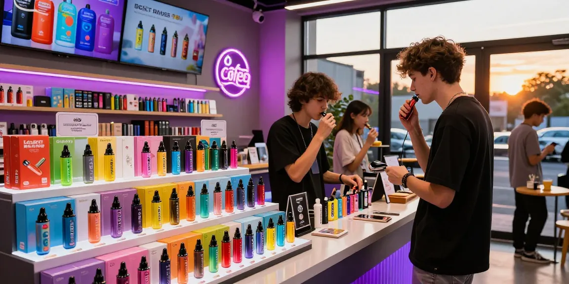 Exploring top disposable vapes in USA at a vibrant vape shop with various brands and flavors.