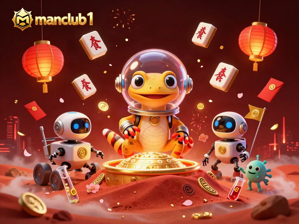 manclub1 introduces a dynamic casino scene with a cheerful Martian gecko and glowing game elements.