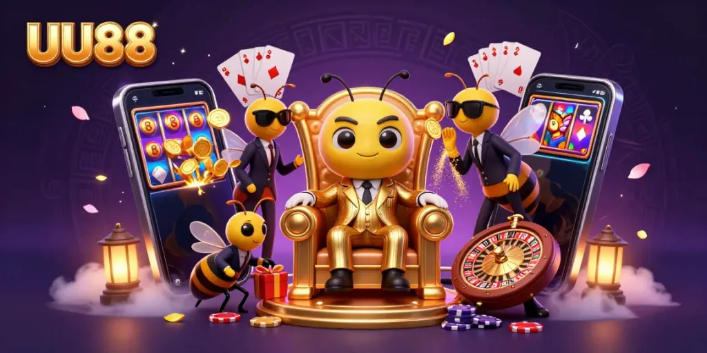 Engage with the exciting world of UU88, showcasing vibrant slot games and casino fun in a dynamic 3D scene.