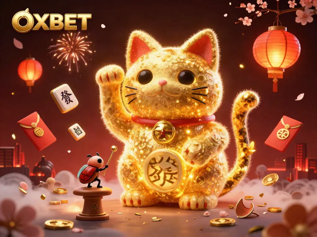Play at OXBET with a dynamic illustration of a lucky cat and casino symbols in a vibrant scene.