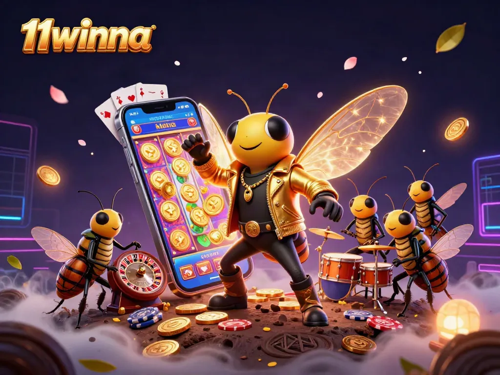 Engage in thrilling slot gameplay with the dynamic 11winna scene featuring a 3D rock star cicada among vibrant casino elements.