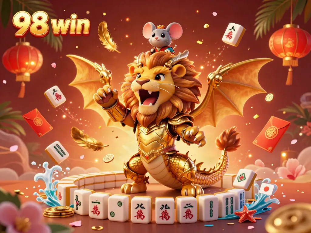 Engage with the energetic 98 win online casino experience featuring a roaring chimera and jockey amidst festive gambling elements.