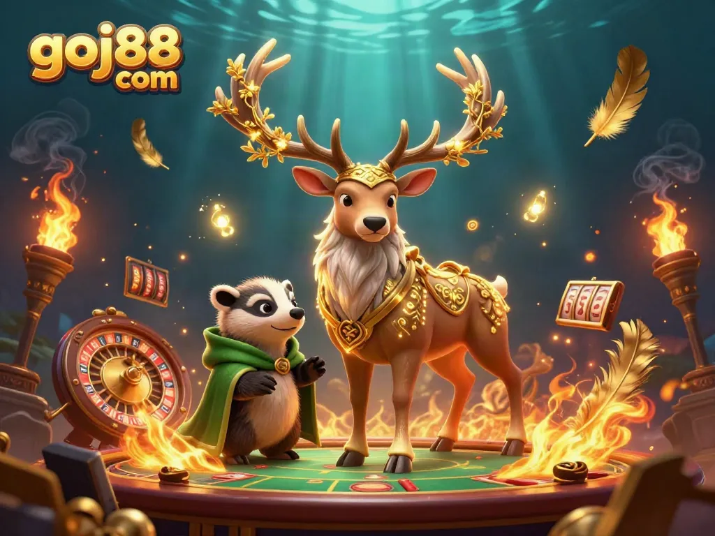 Engage with the magical world of goj88 com, featuring a druid stag and wise badger amidst exciting casino elements.