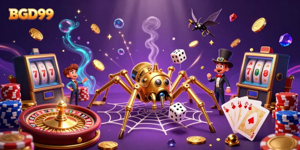 This vivid illustration of BGD99 depicts an engaging steampunk-themed casino scene with a whimsical spider and colorful game elements.