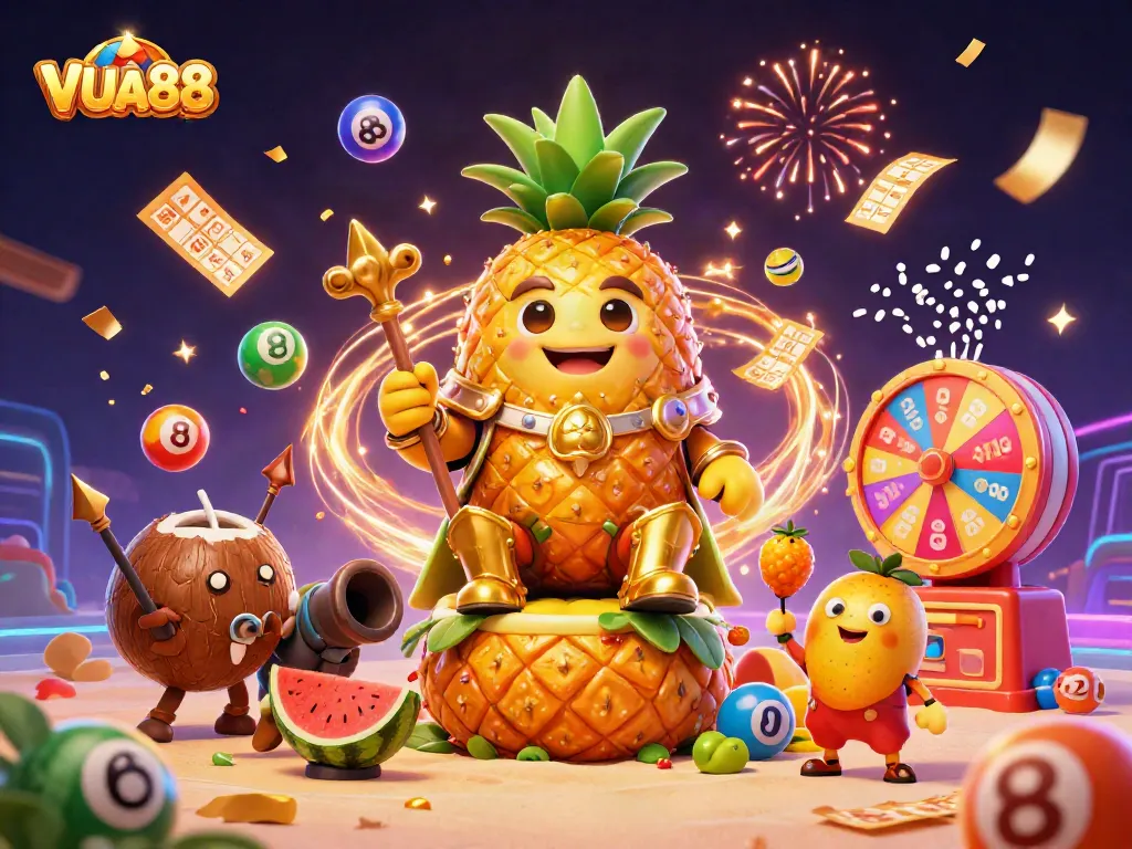 Experience the vibrant fun of VUA88 in this dynamic 3D casino-themed illustration.