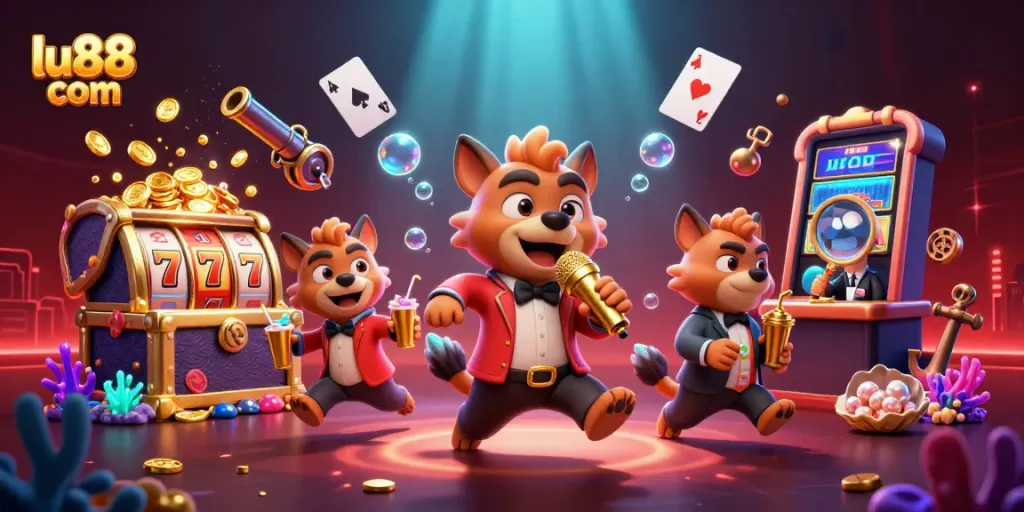 Experience the vibrant fun of lu88 com with lively casino hyenas in a colorful scene.