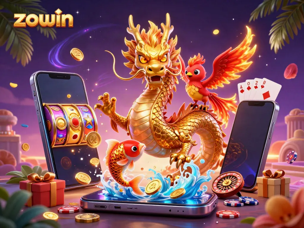 Zowin offers a thrilling gaming experience with a vibrant dragon, phoenix, and koi fish amidst casino elements.