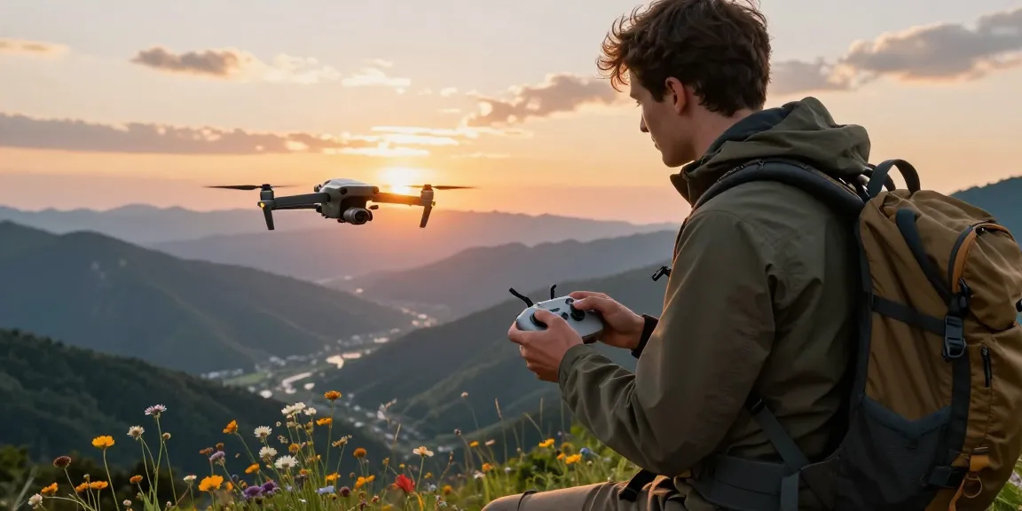 Flying the F168 drone at sunset over a scenic mountain overlook.
