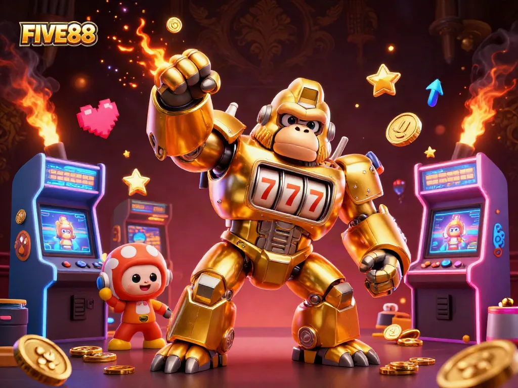 Engage in thrilling gameplay with FIVE88's dazzling 3D casino adventure featuring a golden gorilla mech.