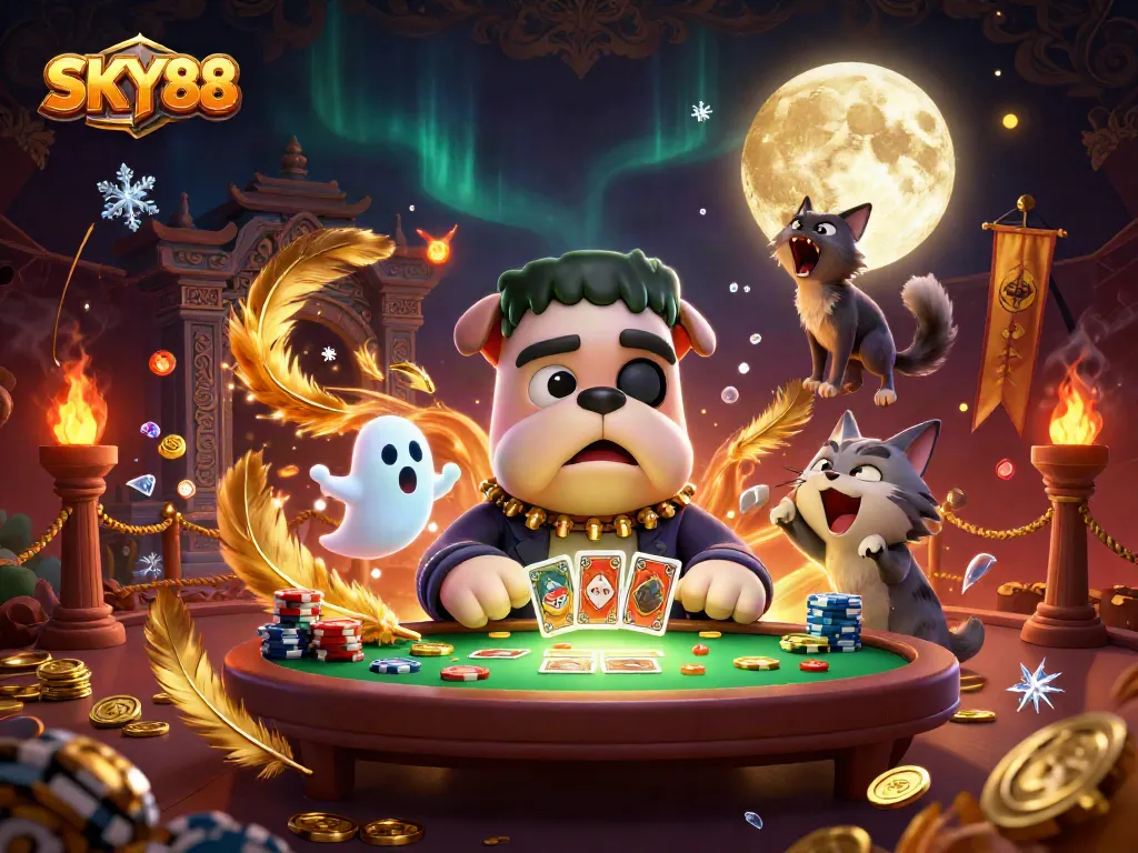 SKY88 captivating gaming scene with a Frankenstein bulldog dealer and whimsical characters at a spooky casino table.
