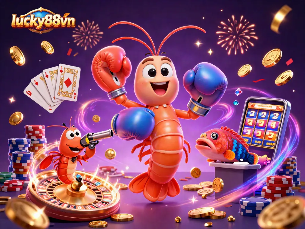 Win at lucky88vn with vibrant casino characters, golden coins, and gaming excitement!