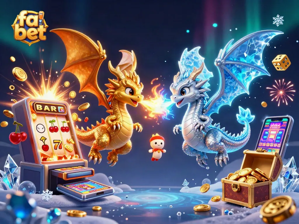 Engage in thrilling gaming with fa bet, featuring intertwined dragons, slot machines, and vibrant elements.