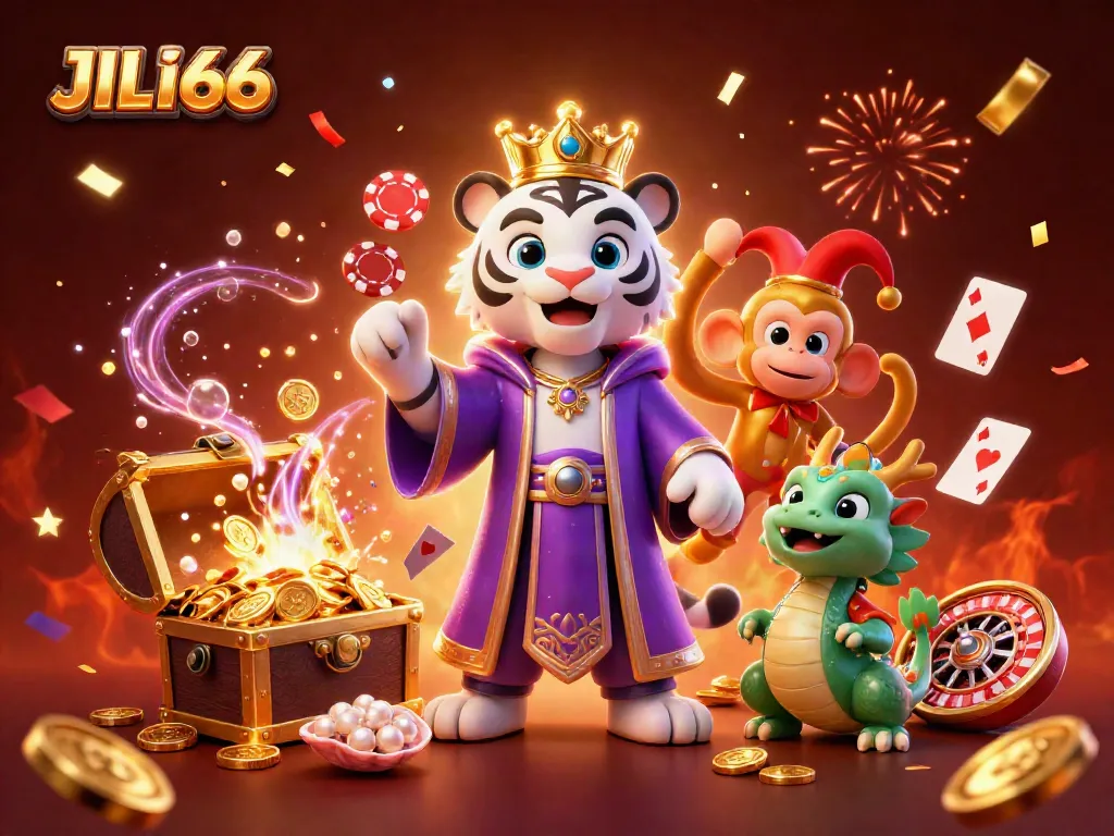 Experience the thrill at JILI66 with an illustrated scene featuring a majestic tiger, a playful monkey, and rich casino elements.