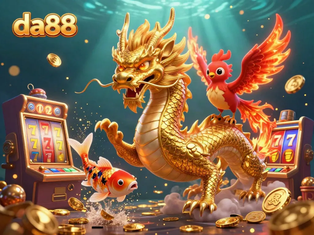 Experience gambling excitement with da88's dynamic 3D illustration featuring a dragon and casino elements.