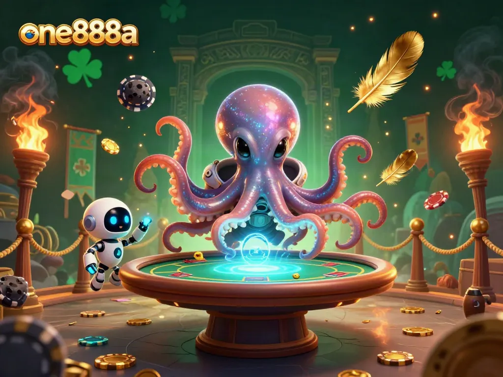 Engaging gameplay at one888a with the holographic poker table and an alien octopus hosting a vibrant card game.