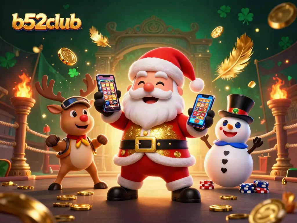 Join the festive fun at b52club with a vibrant casino scene featuring slots and playful characters.