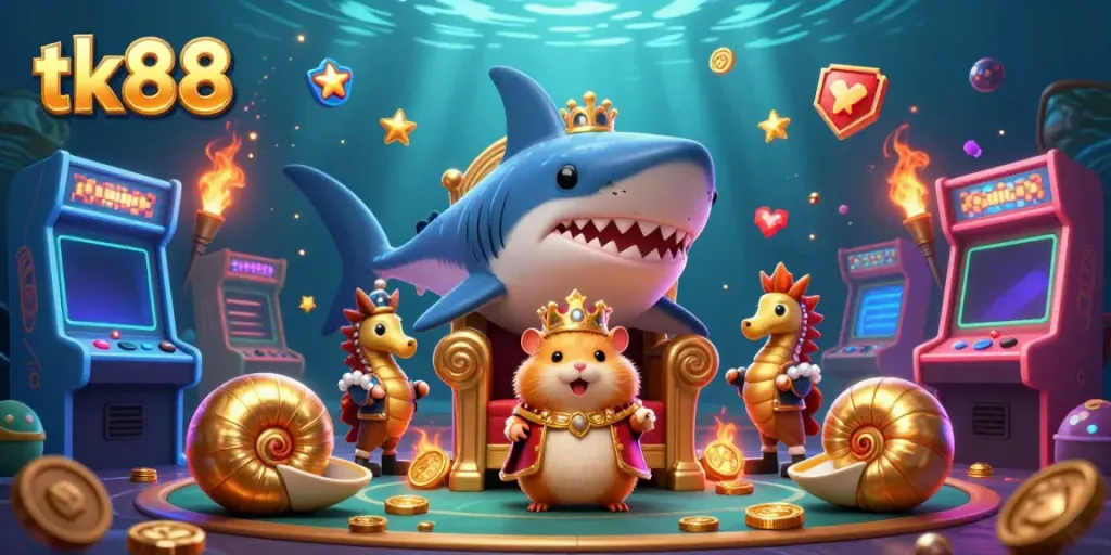 Engage with tk88 as a golden hamster king rules a dynamic 3D casino scene amidst colorful arcade games.