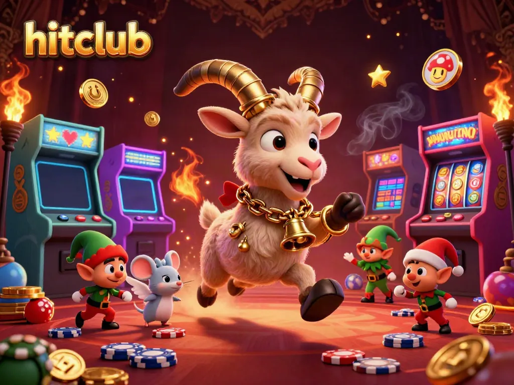 hitclub offers an exciting casino scene with Krampus, angel, and gremlins amidst game machines