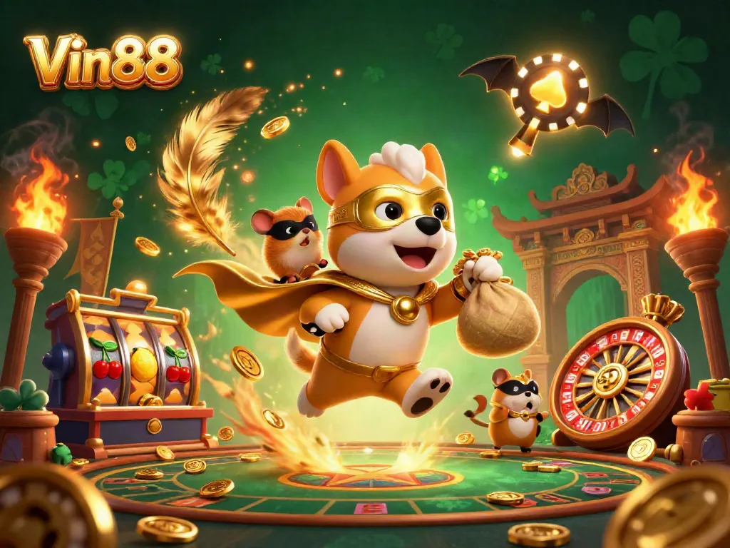 Experience the excitement of Vin88's vibrant casino scene filled with flying gold coins and dynamic games.