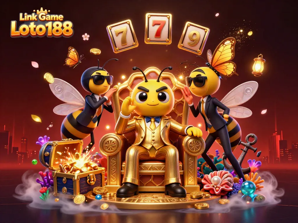 Engage with the thrilling Link Game Loto188 experience, featuring a cartoon bumblebee mob boss in an elaborate throne room.