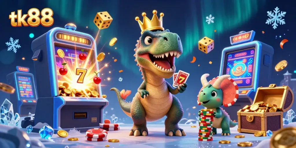 Experience thrilling jackpots at tk88 with friendly dinosaur characters playing cards and stacking chips.