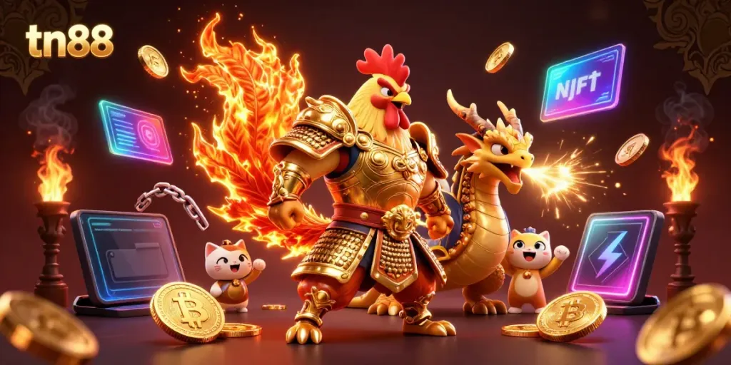 Engage with tn88 in a vibrant casino scene featuring a powerful rooster warrior and a dragon hatchling.