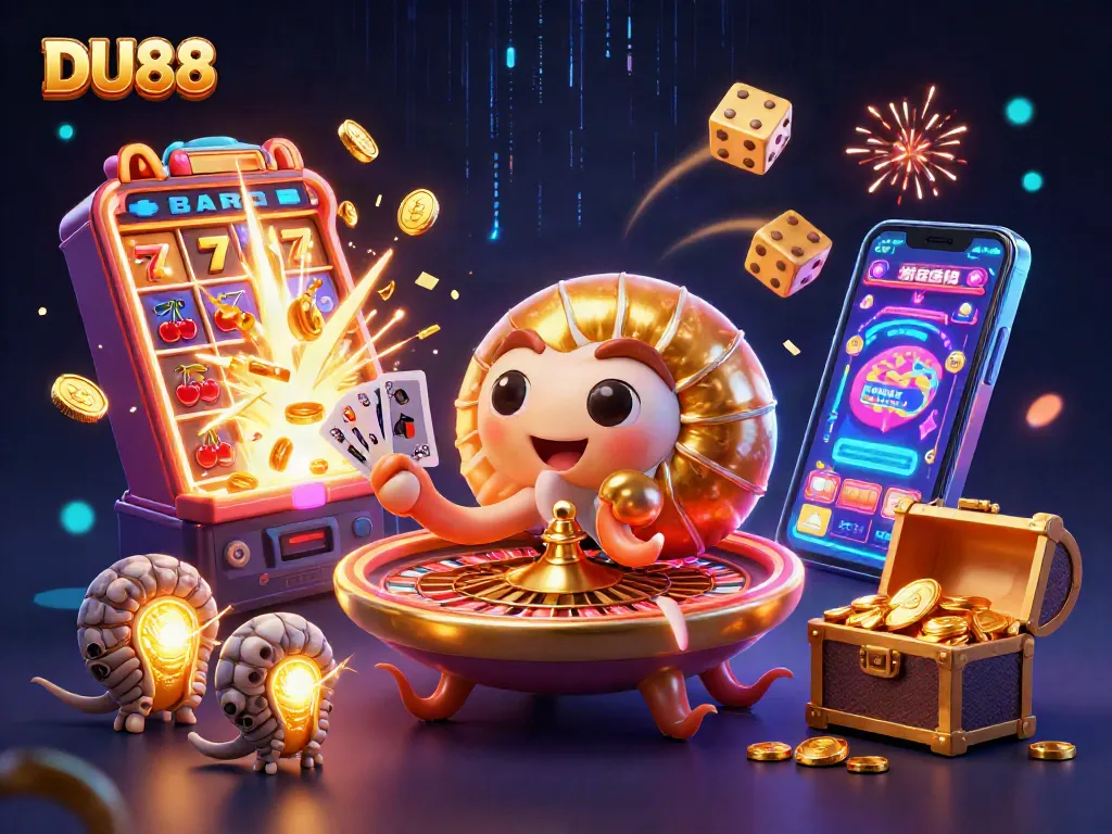 Engage in thrilling DU88 casino adventures with vibrant slot and card gameplay illustrations.