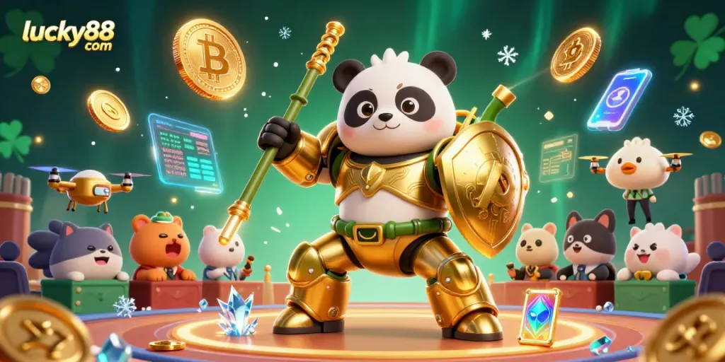 Engage with thrilling games at lucky88 com, showcasing a vibrant 3D panda-themed casino scene.