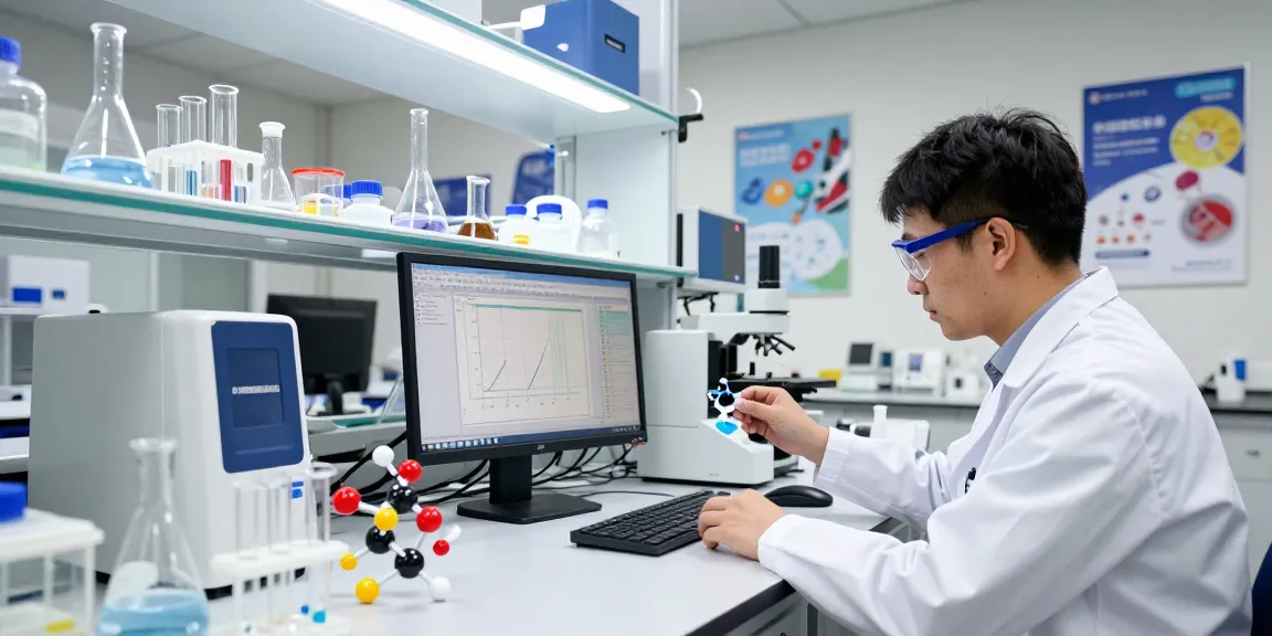 Researcher examining SwissChems Peptide samples in a modern lab setting with advanced equipment.