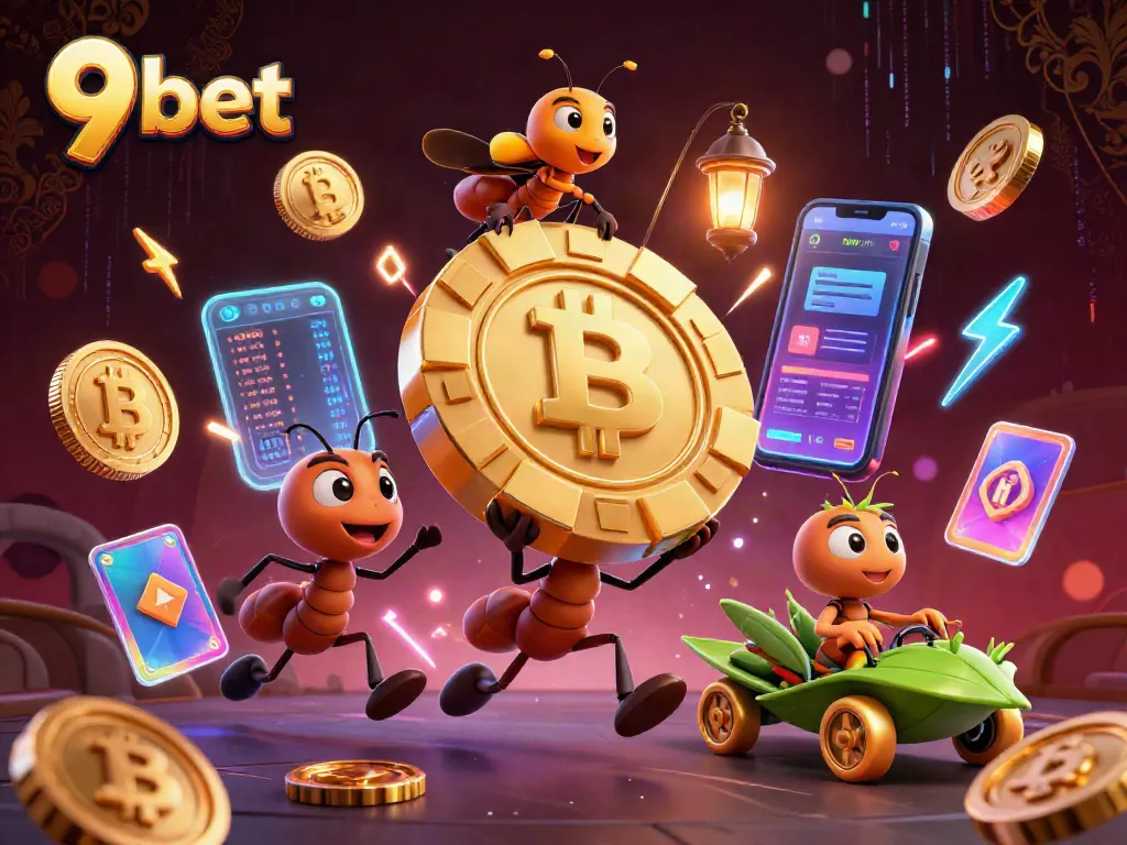 Engage with 9 bet as ants execute a vibrant heist for a giant poker chip surrounded by crypto coins.