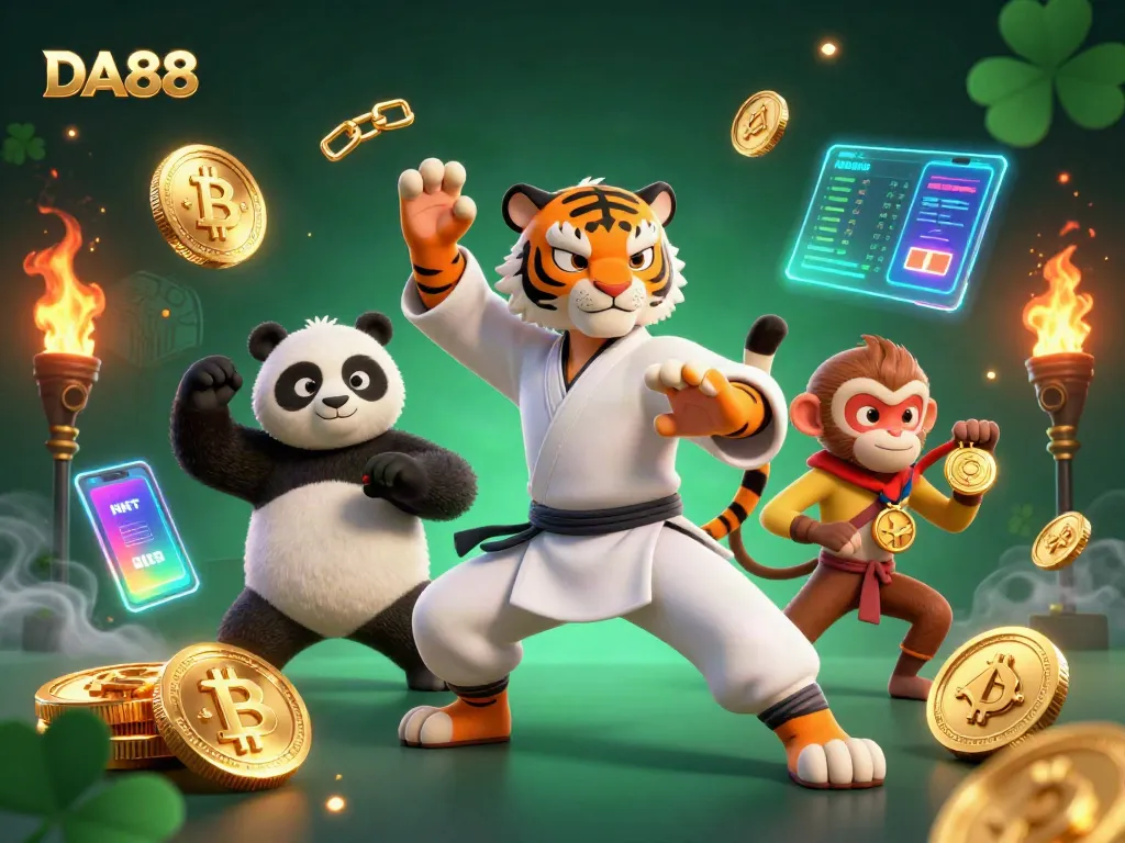 Engage in thrilling DA88 gaming with a vibrant scene of kung fu characters and crypto elements.